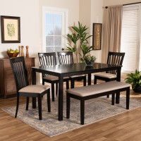 Baxton Studio RH319C-Sand/Dark Brown-6PC Dining Set Minette Modern and contemporary Sand Fabric Upholstered and Dark Brown Finished Wood 6-Piece Dining Set